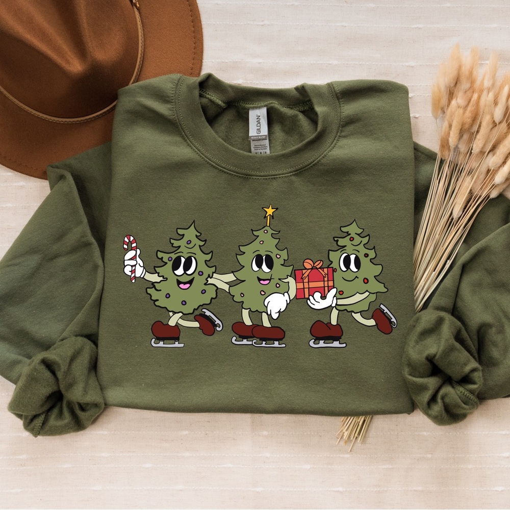Green Sweatshirt with Christmas Tree Graphic